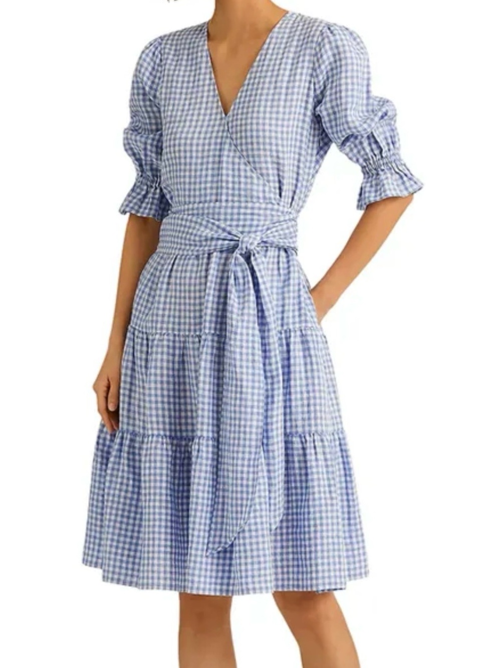 Lauren Ralph Lauren Blue Gingham Linen Faux Wrap Tiered Dress Size 6